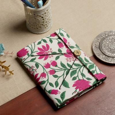 'Block-Printed 48-Page Cotton Journal with Spring Pattern'