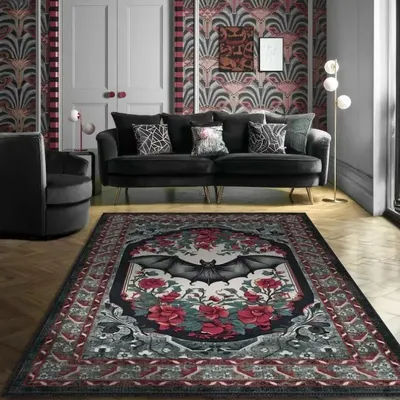Gothic Rug Welcome Mat Bat Home Decor Black and Wine Red Polyester Carpet Goth Room Decor Victorian Rug for Halloween Home Decor