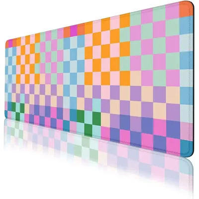 Tapis de bureau à carreaux pastel, grand tapis de souris gaming esthétique Kawaii, tapis de clavier à bords cousus pour la décoration de la maison ou du bureau des filles