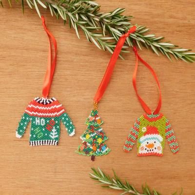 'Whimsical Three-Piece Glass Beaded Christmas Ornament Set'