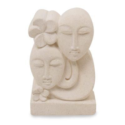 Bali Couple,'Hand Crafted Indonesian Sandstone Sculpture of Floral Faces'