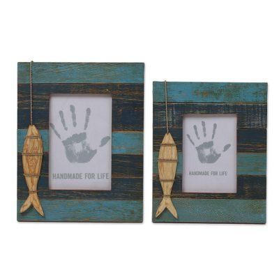 Fishing Memories,'4x6 and 3x5 Albesia Wood Striped Nautical Fish Photo Frames'