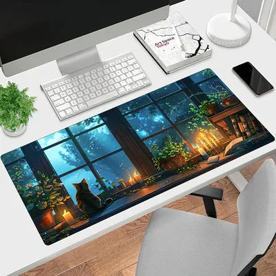 Tapis de souris chat mignon, design de style naturel, tapis de souris à grand bord cousu, tapis de clavier XXL, parfait pour le bureau à domicile