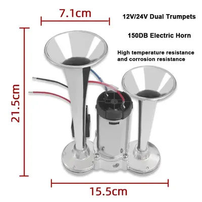 150db Electric Loud Horn Dual Trumpets Speaker Auto 12V 24V Air Horn Siren Sound Security Alarm Signal for Truck Boat SUV Ship