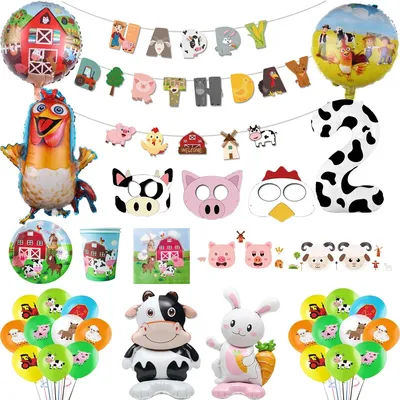 Farm Animal Birthday Party Decorations for Kids Barnyard Cow Chicken Balloons Tableware Plates Banner Cake Topper Favors baby