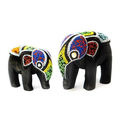 Mother and Calf,'2 Elephant Mother Calf Wood Recycled Glass Beaded Figurines'