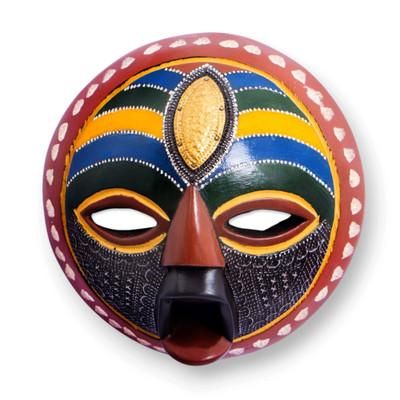 Wish Me Well,'African Wood Wall Mask with Painted Accents Aluminum Plate'
