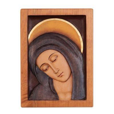 Inclined Virgin,'Artisan Crafted Religious Wood Virgin Mary Relief Panel '