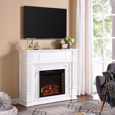 Highgate Faux Cararra Marble Electric Media Fireplace in White - SEI Furniture FE9322