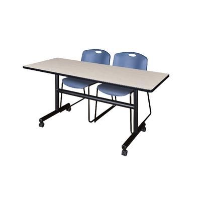"60" x 30" Flip Top Mobile Training Table in Maple & 2 Zeng Stack Chairs in Blue - Regency MKFT6030PL44BE"