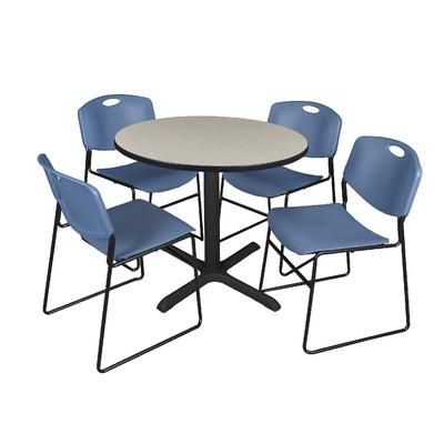 "Cain 36" Round Breakroom Table in Maple & 4 Zeng Stack Chairs in Blue - Regency TB36RNDPL44BE"