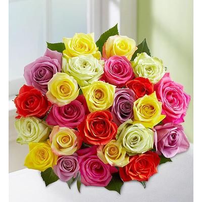 1-800-Flowers Flower Delivery Two Dozen Assorted Roses + Free Vase Bouquet Only | Happiness Delivered To Their Door