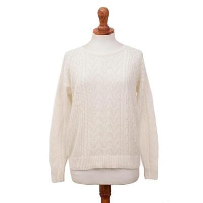 Warm Charm,'Cable Knit Baby Alpaca Blend Pullover in Ivory from Peru'