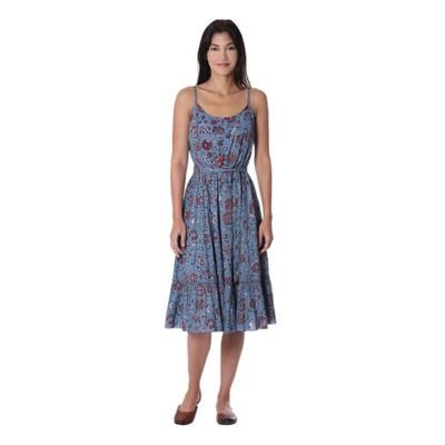 Garden Bliss,'Floral Printed Cotton Sundress in Cerulean from India'