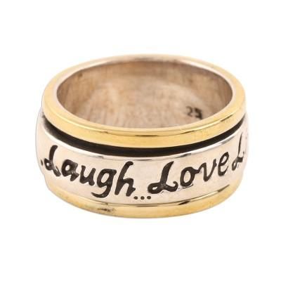 Live Laugh Love,'Inspirational Sterling Silver and Brass Spinner Ring'