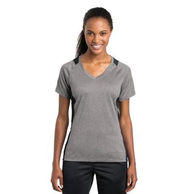 Sport-Tek LST361 Women's Heather Colorblock Contender V-Neck Top in Vintage Heather/Black size XL