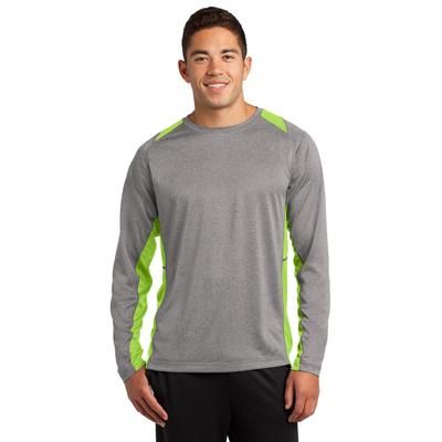 Sport-Tek ST361LS Long Sleeve Heather Colorblock Contender Top in Vintage Heather/Lime Shock size XS | Polyester