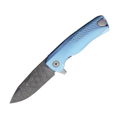 Lionsteel ROK Tiium Flipper Blue Folding Knife 3.25in Black Stonewash Damascus Steel Blade Blue Sculpted Titanium Handle ROK DD BL