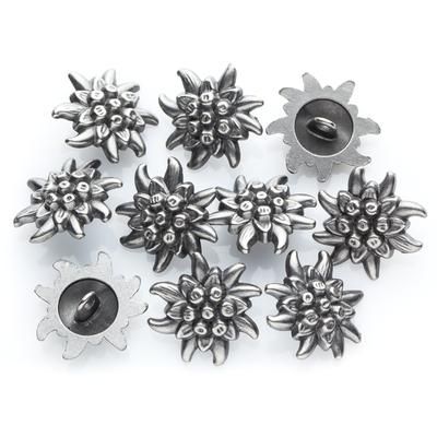 buttinette Boutons tyroliens "edelweiss", argent, 20 x 20 mm, 10 pièces