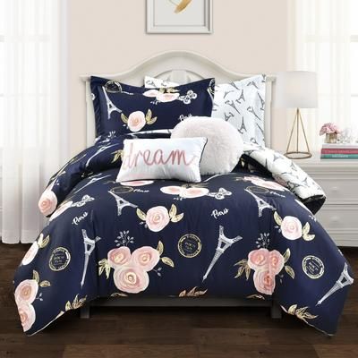 Vintage Paris Rose Butterfly Script Comforter Navy 5Pc Set Twin/Twin XL - Lush Decor 16T005343