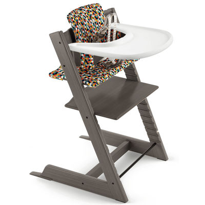 Tripp Trapp High Chair and Cushion with Stokke Tray Bundle - Hazy Grey / Honeycomb Happy / White