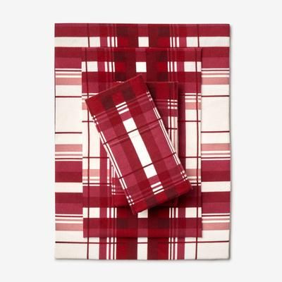 Cotton Flannel Print Sheet Set by BrylaneHome in Cranberry Plaid (Size FULL)