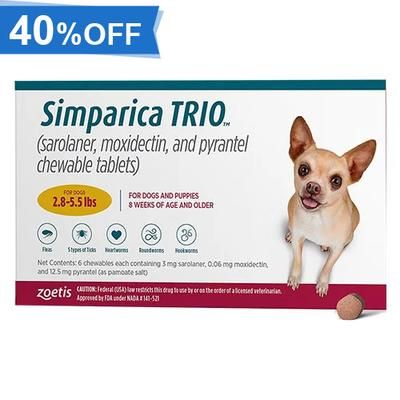 40% Off Simparica Trio For Dogs 2.8-5.5 Lbs (Gold) 6 Chews
