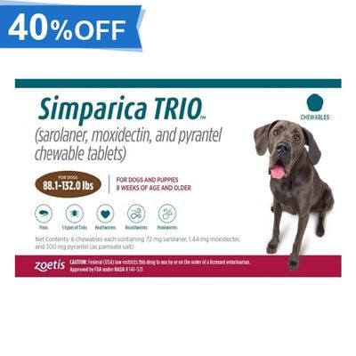 40% Off Simparica Trio For Dogs 88.1-132 Lbs (Brown) 6 Chews