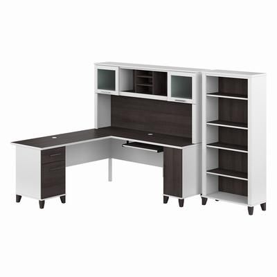 Bush Furniture Somerset 72W L Shaped Desk with Hutch and 5 Shelf Bookcase in White and Storm Gray - Bush Furniture SET011SGWH