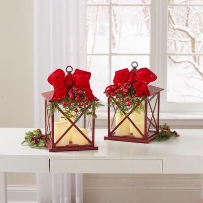 14"H Red Christmas Lantern with LED Candles by BrylaneHome in Red Green
