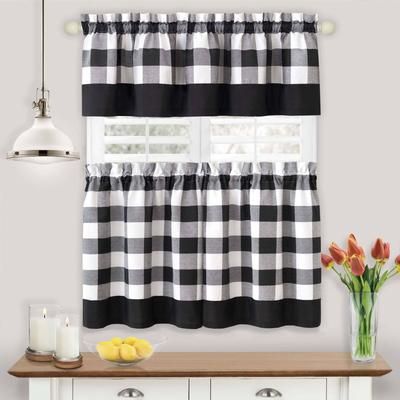Wide Width Hunter Window Curtain Tier Pair And Valance Set by Achim Home Décor in Black (Size 57" W 36" L)