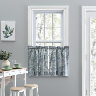 Wide Width Lexington Leaf- Candlewick Leaf Pattern On A Colored Ground- Tailored Tier by Ellis Curtains in Blue (Size 56" W 24" L)
