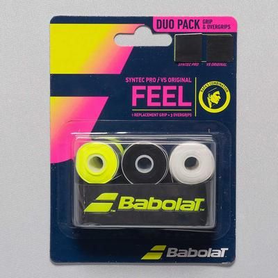Babolat Syntec Pro + VS Original Grip Combo Pack Tennis Overgrips White/Black/Yellow with Black/Yellow Replacement