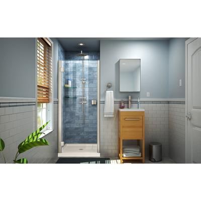 Dreamline DreamLine Lumen 32 inch D x 42 inch W x 74 3/4 inch H Semi-Frameless Hinged Shower Door in Brushed Nickel with Biscuit Shower Base Kit DL-533242-22-04