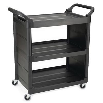 Rubbermaid FG342100BLA 33 5/8"L Polymer Bus Cart w/ 3 Levels, Shelves, Black