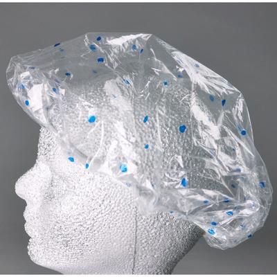 LK Packaging SC20 Shower Cap w/ Elastic Band - Poly, Clear w/ Blue Dots, Case of 100