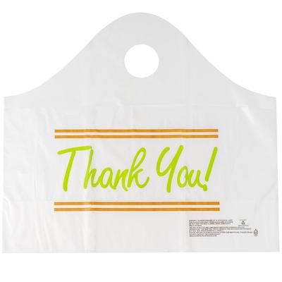LK Packaging TO165146TY Printed Poly Take Out Bag w/ Handles - 16 1/2" x 14" x 6", White, Printed Design, Case of 500