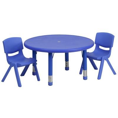 Flash Furniture YU-YCX-0073-2-ROUND-TBL-BLUE-R-GG 33" Round Preschool Activity Table & 2 Chair Set - Plastic Top, Blue