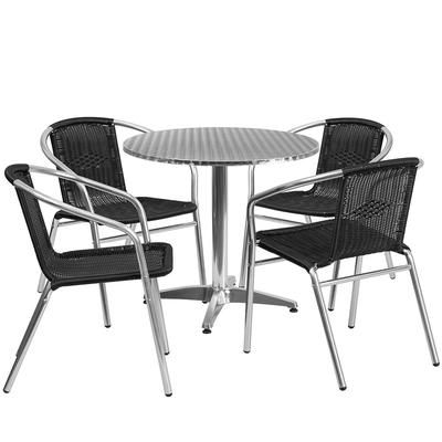 Flash Furniture TLH-ALUM-32RD-020BKCHR4-GG 31 1/2" Round Patio Table & 4 Black Rattan Arm Chair Set - Stainless Top, Aluminum Base