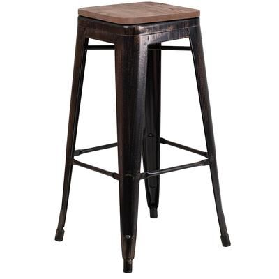Flash Furniture CH-31320-30-BQ-WD-GG Backless Commercial Bar Stool w/ Wood Seat, Black Antique Gold