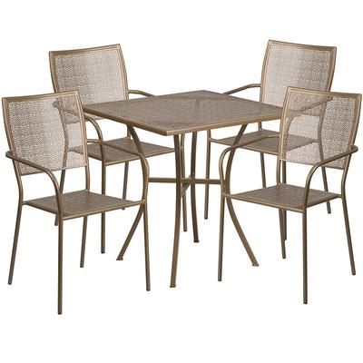 Flash Furniture CO-28SQ-02CHR4-GD-GG 28" Square Patio Table & 4 Square Back Arm Chair Set - Steel, Gold