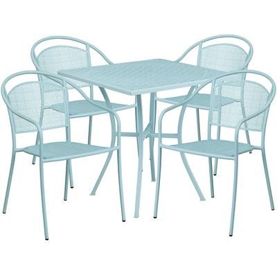 Flash Furniture CO-28SQ-03CHR4-SKY-GG 28" Square Patio Table & 4 Round Back Arm Chair Set - Steel, Sky Blue