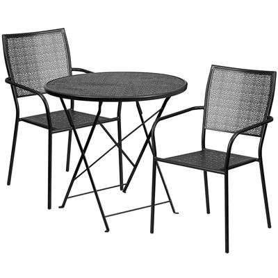 Flash Furniture CO-30RDF-02CHR2-BK-GG 30" Round Folding Patio Table & 2 Square Back Arm Chair Set - Steel, Black