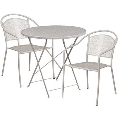 Flash Furniture CO-30RDF-03CHR2-SIL-GG 30" Round Folding Patio Table & 2 Round Back Arm Chair Set - Steel, Light Gray
