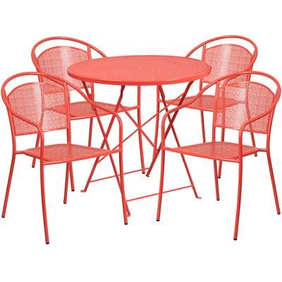 Flash Furniture CO-30RDF-03CHR4-RED-GG 30" Round Folding Patio Table & 4 Round Back Arm Chair Set - Steel, Coral
