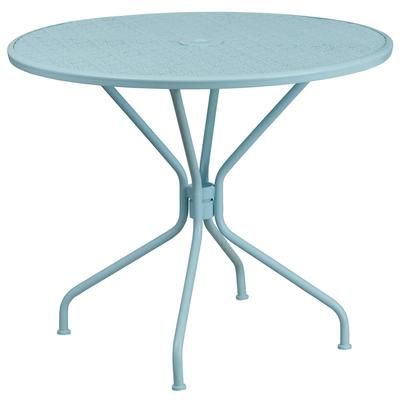 Flash Furniture CO-7-SKY-GG 35 1/4" Round Patio Table w/ Rain Flower Design Top & Umbrella Hole - Steel, Sky Blue