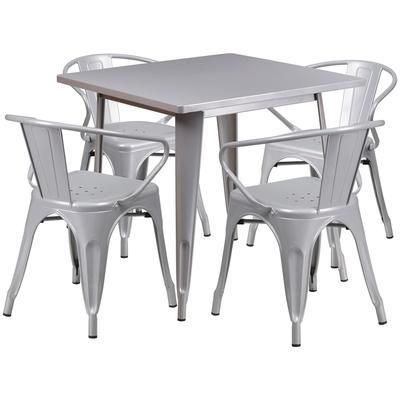 Flash Furniture ET-CT002-4-70-SIL-GG 31 1/2" Square Table & 4 Arm Chair Set - Steel, Silver