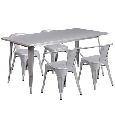 Flash Furniture ET-CT005-4-70-SIL-GG Rectangular Table & 4 Chair Set - 63"W x 31 1/2"D x 29 1/2"H, Steel, Silver