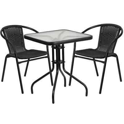 Flash Furniture TLH-0731SQ-037BK2-GG 23 1/2" Square Patio Table & 2 Black Rattan Arm Chair Set - Glass Top, Black Metal Base