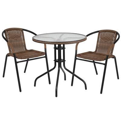 Flash Furniture TLH-087RD-037BN2-GG 28" Round Patio Table & 2 Brown Rattan Arm Chair Set - Glass Top, Black Metal Base